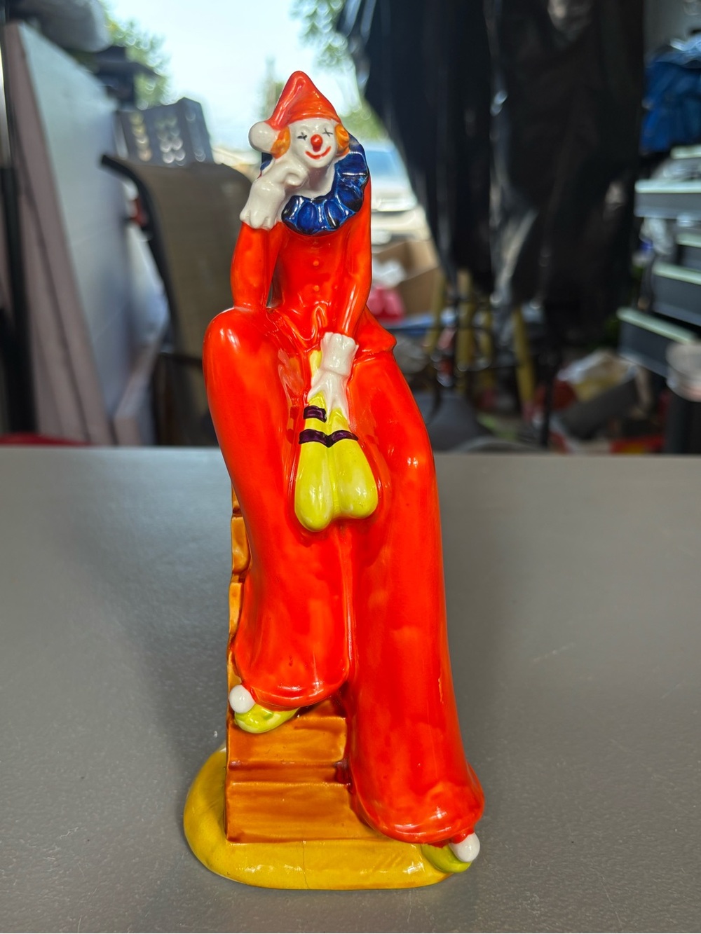 Ceramic Clown Figurine Red Blue Yellow Handwritten 1973 Inscription 8.5”